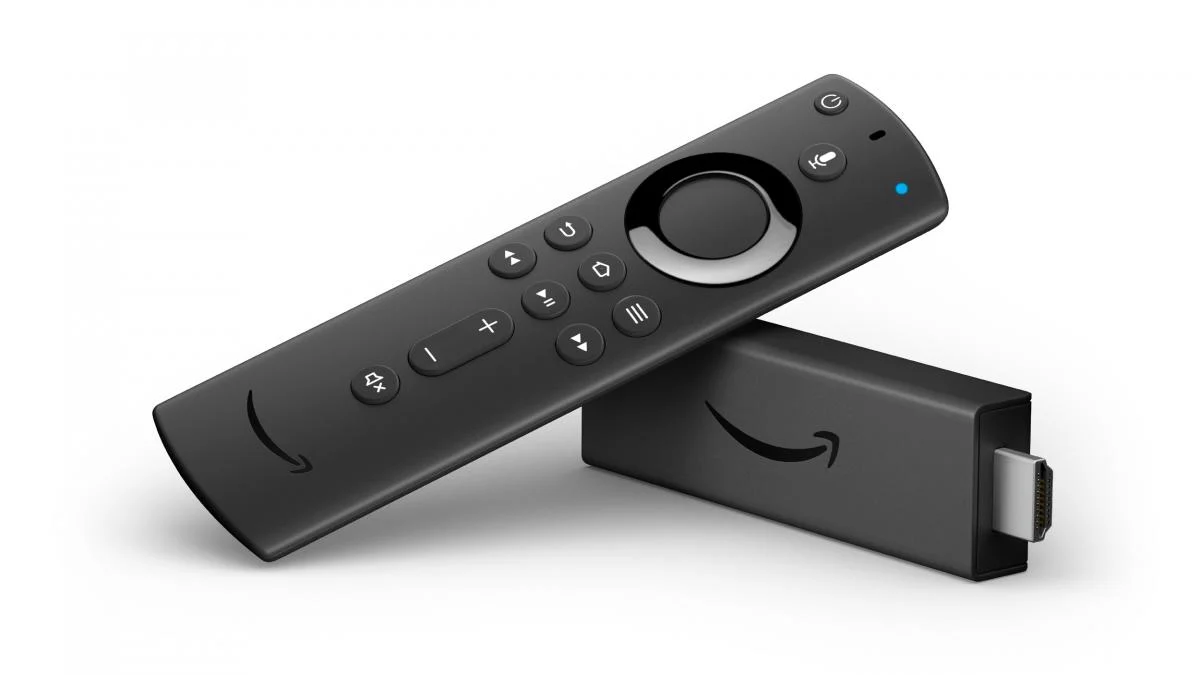 Amazon Fire TV Stick and remote, one of the devices supported by the DovoTV channel lineup