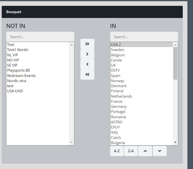 Bouquet selection screen showing included and excluded channel groups for a reseller customer