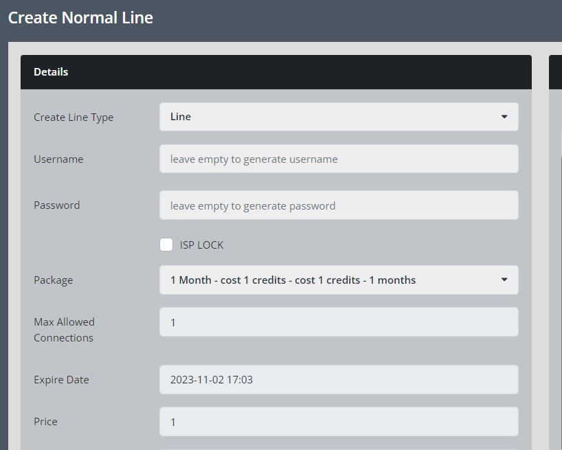 Reseller panel screen for creating a new subscriber line with package and connection settings