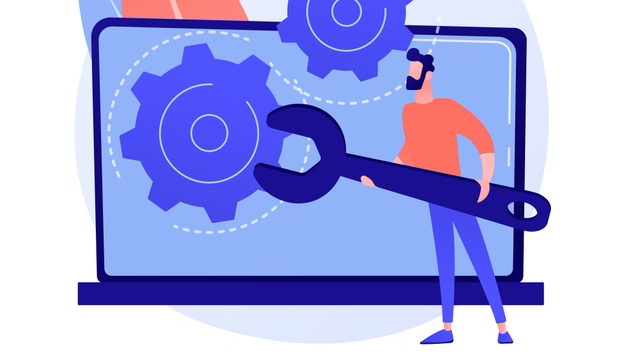 Illustration of a technician with a wrench fixing a laptop, representing IPTV troubleshooting